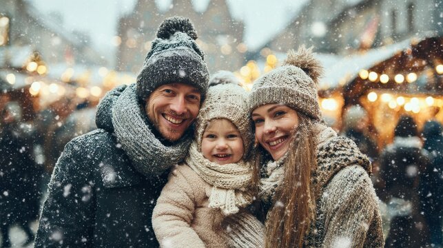 family winter holidays and celebration concept  happy mother father and little daughter at christmas market on town hall square in tallinn estonia over snow no logos no brands ar 169 - Powered by Adobe