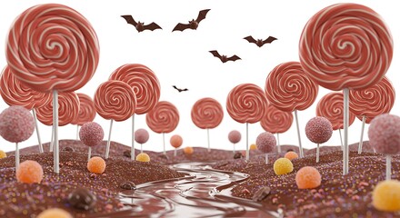 Whimsical Halloween landscape with lollipops candy spheres and chocolate river