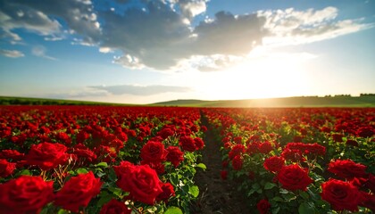 Fototapeta premium Red rose field at sunset