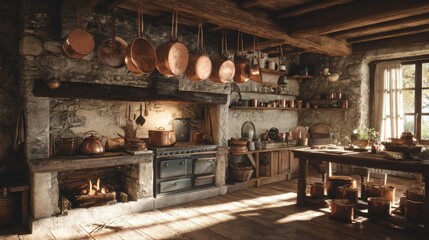 cozy rustic kitchen with hanging copper pots and pans vintage stove stone fireplace wooden shelves natural light home cooking ambiance warm decor