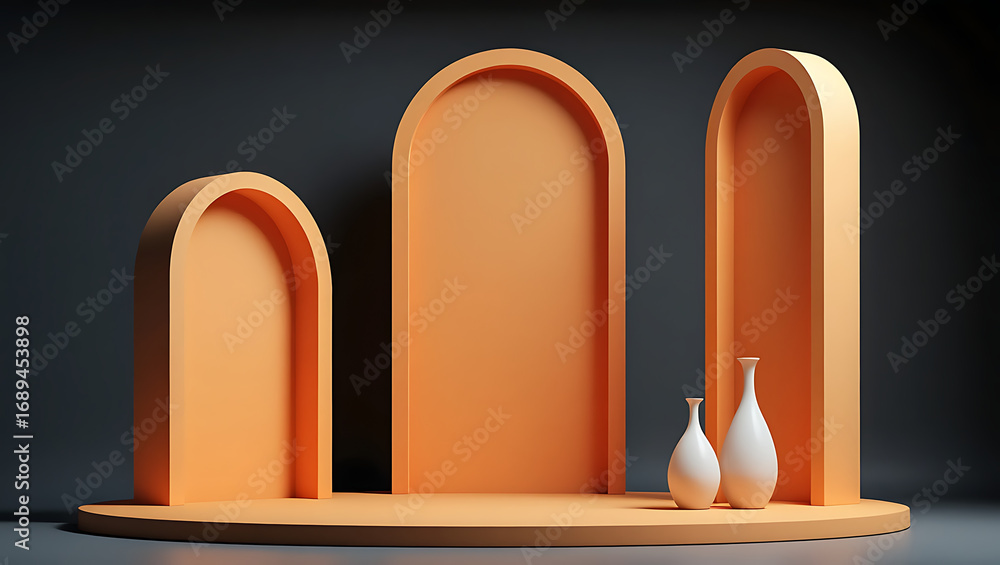 Poster minimalist architectural display with arched niches in warm orange, featuring two elegant white vase
