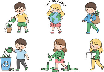 Children practicing eco-friendly habits like recycling, planting, and caring for Earth in environmental awareness vector illustration for sustainability education