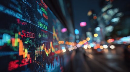 closeup of a large screen displaying financial data with stock market graphs and numbers blurred background of a busy nighttime setting