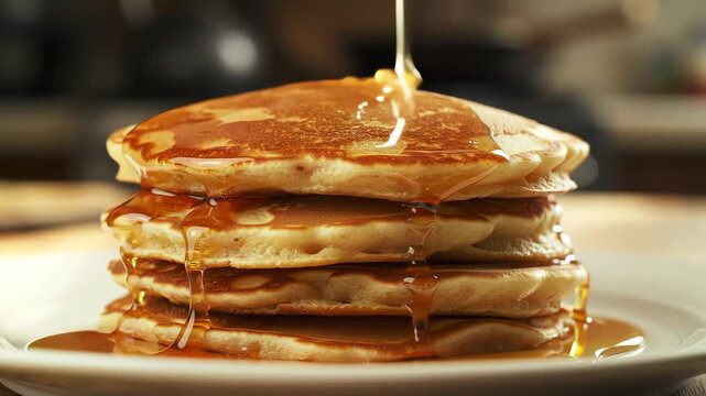 Close-up shot of a stack of pancakes with maple syrup drizzle, warm golden brown color, on a white plate against a blurred background.