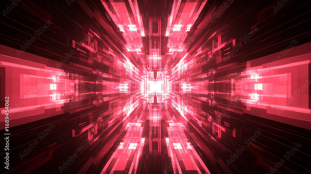 Poster vibrant, abstract digital mosaic with red and black color scheme creates dynamic, futuristic tunnel 
