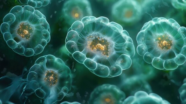 Enormous crystalline virus structures lie dormant within emerald algae, their geometry suggesting hidden power.