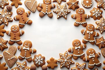 A festive frame of gingerbread cookies and snowflakes on a white background