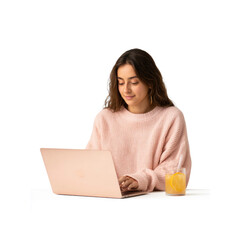 Young Woman Working on Laptop with Refreshing Drink