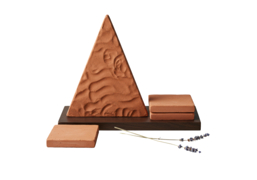 Hand-crafted earthy terracotta tiles, varied textures, delicate dried lavender, on dark wooden plinth, transparent studio background, minimalist design refined craftsmanship