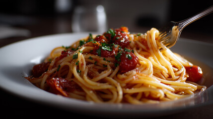 A fork in a delicious spaghetti pasta dish with tomatoes and spices 
