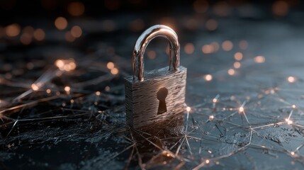 padlock symbolizing cybersecurity against the background visualization of links in data algorithms information field on a dark background