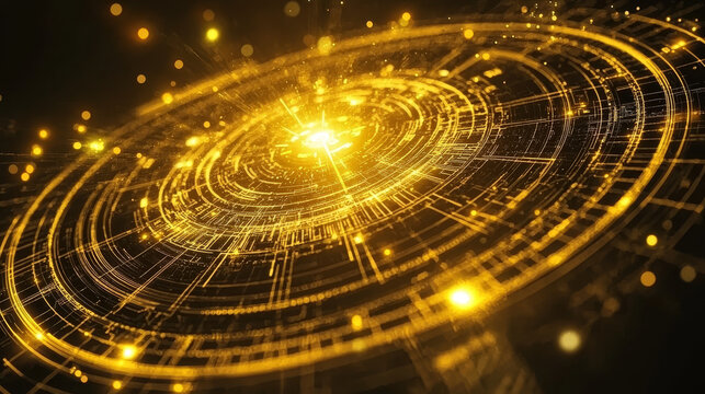 Glowing, circular digital interface with futuristic design and golden hues creates mesmerizing, high tech visual. intricate patterns and radiant light evoke sense of advanced technology
