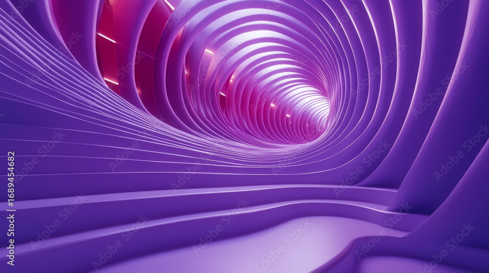 Poster Mesmerizing tunnel of vibrant purple and pink hues creates futuristic and abstract visual experience. smooth, flowing lines and concentric circles evoke sense of motion and depth
