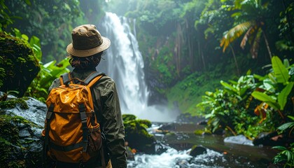 Create a lush tropical adventure scene featuring a waterfall, dense foliage, and a lone explorer immersed in nature’s grandeur.