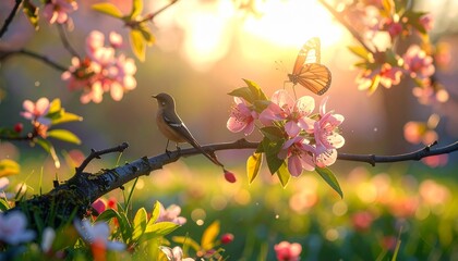 Create a vibrant spring nature scene featuring a bird and butterfly among blooming branches, bathed in warm sunlight and surrounded by lush floral groundcover.