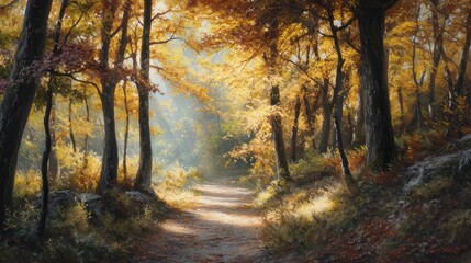 Obraz premium autumnal light a serene forest path bathed in the radiant glow of fall foliage