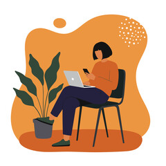 Woman working remotely with laptop and phone, embodying modern productivity, digital communication, flexible work, and online lifestyle at home.