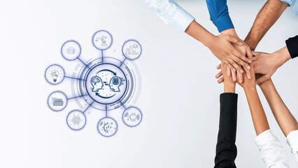 A creative visual showcasing diverse hands coming together in a collaborative effort symbolizing teamwork and innovation within a modern workspace context. Raster