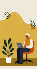Modern senior person working remotely on a laptop in a vibrant, minimalist home office. Represents productivity, digital literacy, and flexible lifestyle.