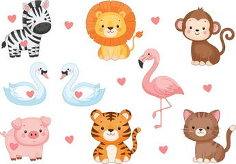 Cute Cartoon Animals with Hearts – Love-Themed Vector Illustration Featuring Zebra, Lion, Pig, Cat, Swan, and More for Kids