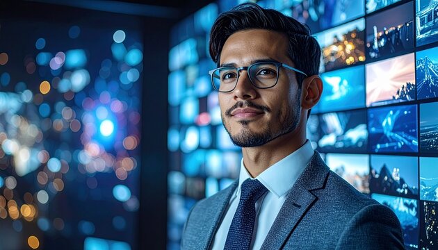 Create a sleek, high-tech media control room scene that blends professionalism, digital intelligence, and futuristic visual complexity. - Powered by Adobe