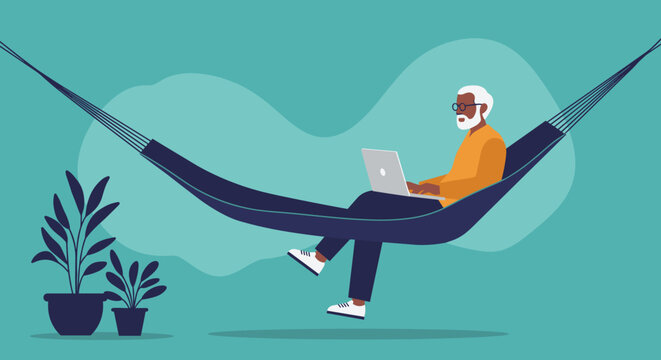 Senior man comfortably works on a laptop in a hammock. Illustrates remote work, relaxation, and a balanced, productive retirement lifestyle. - Powered by Adobe