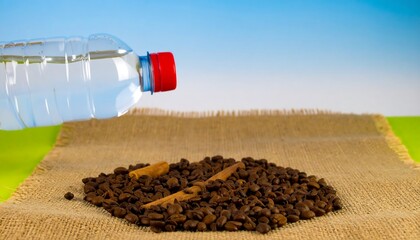 Water bottle over coffee beans and cinnamon
