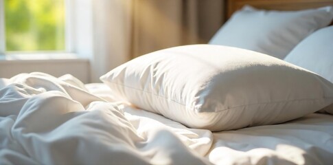 Soft, fluffy pillow resting on a crisp white bedsheet, ready for a peaceful night's sleep  Sunlight streams in, illuminating the plush texture ,  peaceful,  cotton,  sleep