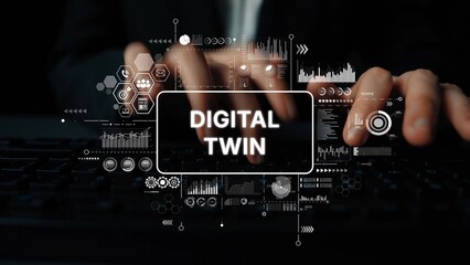 Hands Typing on Keyboard with Digital Twin Concept and Data Visualization Graphics in Background. Asymptotic smart data analytic.