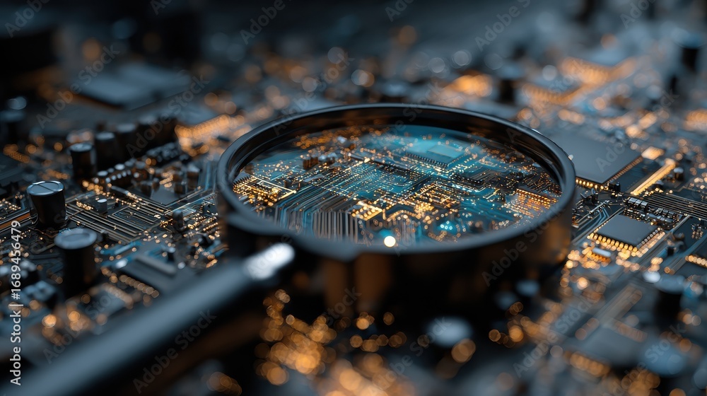 Poster magnifying glass examining illuminated circuit board representing data analysis and technology