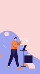 Man using a futuristic transparent interface and laptop for creative design or technological innovation in an abstract digital workspace.