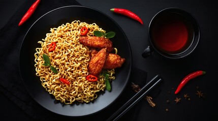 Spicy Instant Noodles with Crispy Chicken Wings and Red Chili on Black Plate with Tea, Overhead Food Still Life
