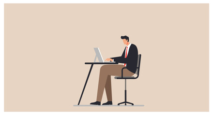 Professional businessman focused on working on his laptop at a desk, illustrating productivity, remote work, or online business in a clean environment.