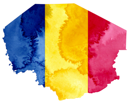 Chad Map in Authentic Watercolor with Flag Colors PNG.
