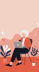 Senior woman working remotely on laptop and smartphone in a modern, plant-filled setting. Ideal for themes of digital literacy, flexible work, and modern lifestyle.