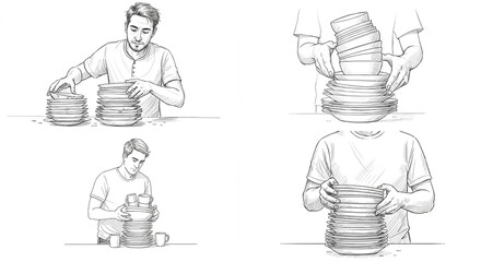 man stacking dishes after dinner isolated on white sketch style