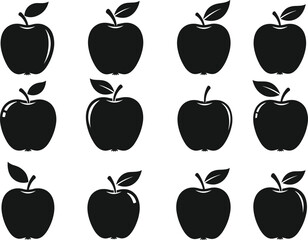 Apple silhouette vector set, black fruit icons, healthy food illustration, apple shape design, fruit symbol collection, organic apple clipart