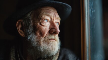 the thoughtful elderly man gazing pensively out of a window