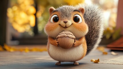 Cute cartoon squirrel holding an acorn