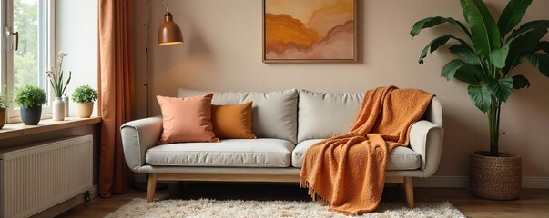 Cozy living room featuring a stylish throw blanket draped over a comfortable armchair, complemented by warm-toned wall art and decorative cushions ,  wall art,  textile