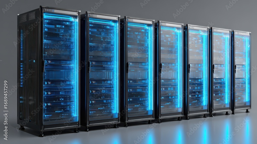 Aufkleber modern server racks with illuminated blue lights in a data center isolated on transparent background