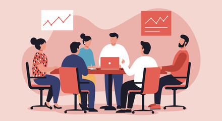 Diverse business team collaborates in a meeting, analyzing growth charts. Perfect for illustrating teamwork, strategy, and corporate success.