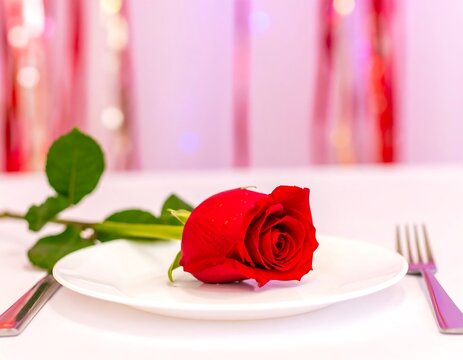 Red rose on a white plate