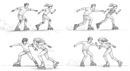 Fototapeta premium couple rollerblading together isolated on white sketch style