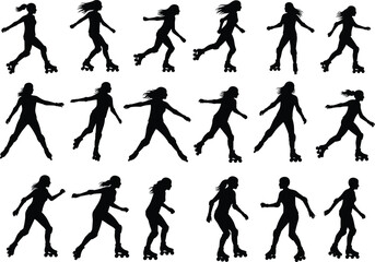 Roller skating girl silhouette set, inline skate poses, female skater vector, motion sequence design, outdoor sport woman illustration