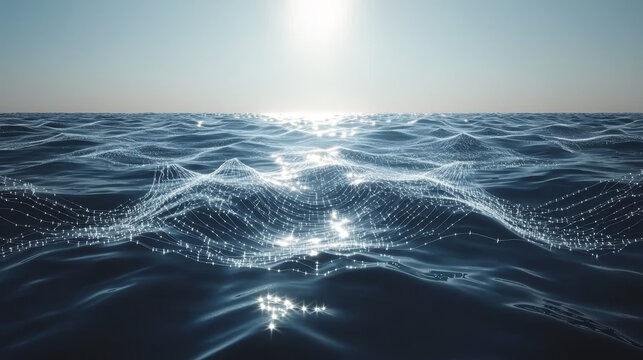Digital network pattern overlays serene ocean surface under bright sun, creating futuristic and tranquil scene. translucent waves reflect light, enhancing ethereal atmosphere