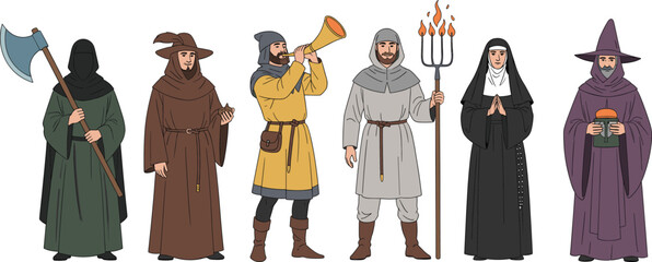 Medieval character vector set with executioner, monk, nun, wizard, peasant, herald, fantasy roles, historical costumes, vintage illustration