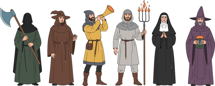 Medieval character vector set with executioner, monk, nun, wizard, peasant, herald, fantasy roles, historical costumes, vintage illustration