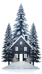 Naklejka premium A cozy cabin nestled amongst snowcovered pine trees, illuminated by warm lights