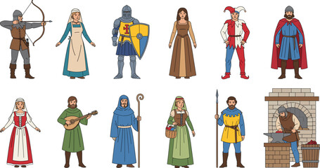 Medieval characters vector set with knight, jester, peasant, noble, monk, baker, archer, minstrel, priest, merchant, soldier, royalty